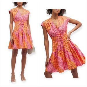 DEREK LAM 10‎ CROSBY Tora Smocked Mini Dress In Pink/marigold, Size 2, NWT